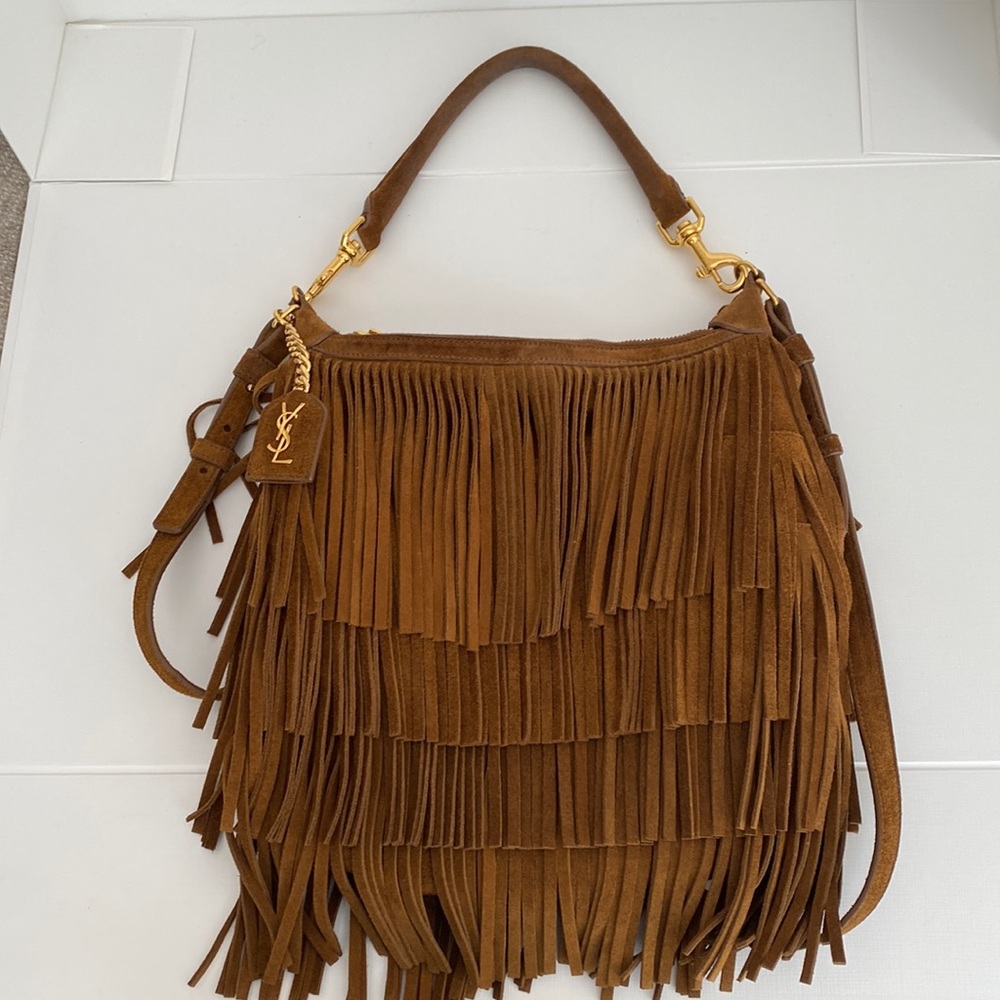 Saint Laurent Brown Suede Emmanuelle Fringed Hobo Crossbody bag.